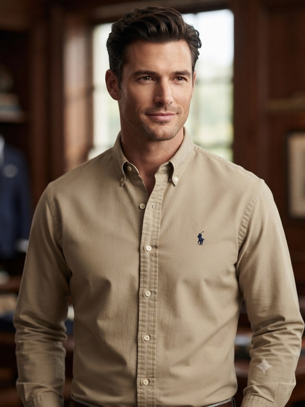 Ralph Lauren Men's Classic Button-Down Cotton Shirt in Khaki w/ Navy Pony Logo